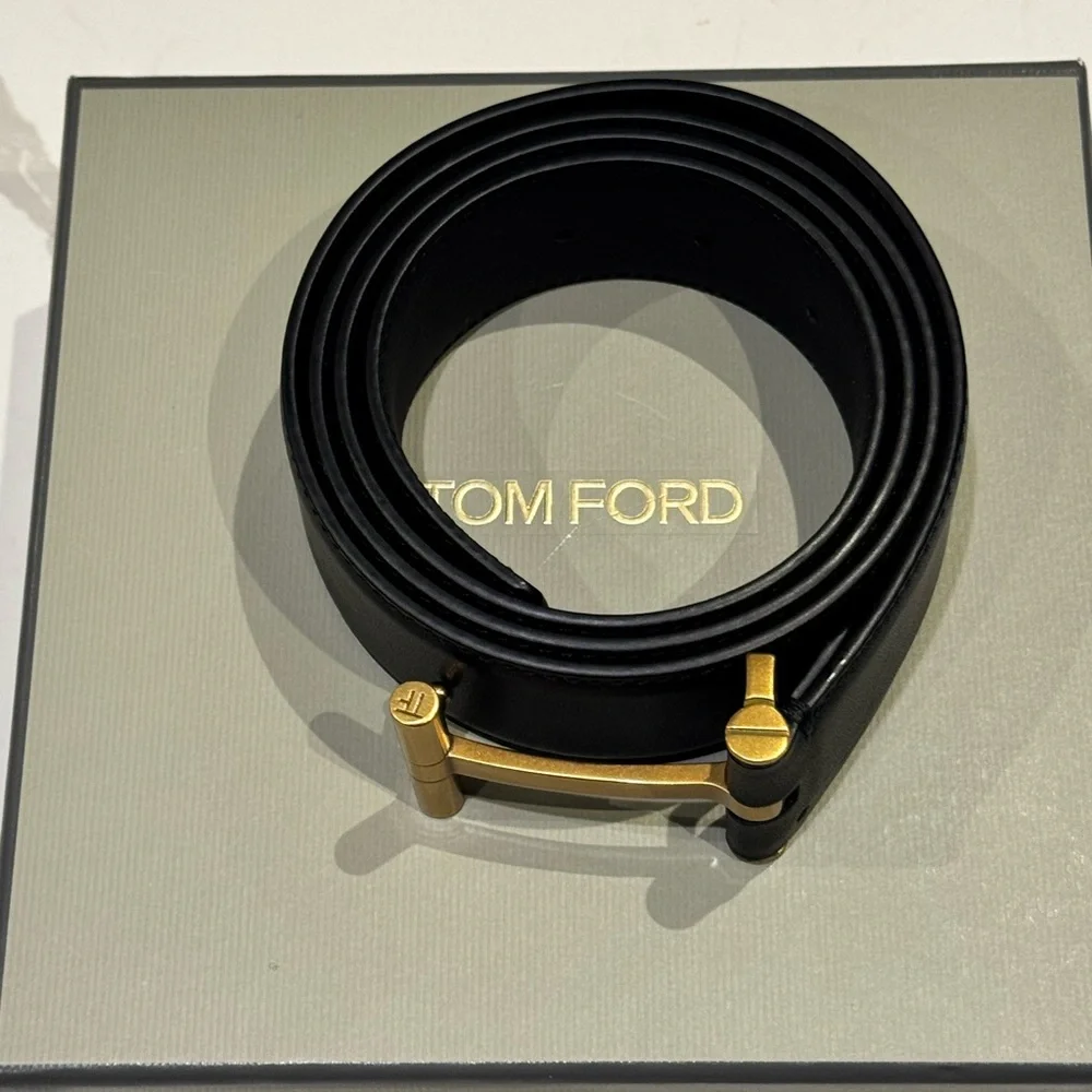 Tom Ford Black Leather Belt with Gold Buckle - Picture 6 of 6